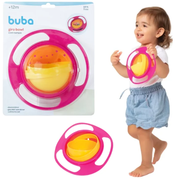 Prato Mágico Infantil Giratório 360º Buba Rosa com Tampa – A Solução Perfeita para Refeições Sem Bagunça!