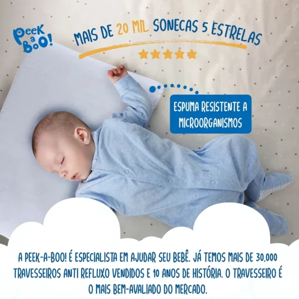 Travesseiro Anti-Refluxo Peek-a-Boo® – Conforto e Bem-Estar para Seu Bebê O Que Está Incluso O travesseiro anti-refluxo Peek-a-Boo® foi desenvolvido com um design exclusivo, proporcionando conforto e bem-estar ao seu bebê. A inclinação de 15° favorece a digestão e respiração, resultando em um sono tranquilo e confortável. Além disso, a capa removível e lavável facilita a manutenção, garantindo higiene prática e eficiente para o bebê. Portanto, você pode limpar facilmente o produto sem complicação.  Material de Alta Qualidade Feito com espuma D20 e capa 100% algodão, o travesseiro combina conforto e segurança. A espuma anatômica mantém a inclinação de 15° sem afundar, prevenindo refluxo de maneira eficaz. Além disso, a capa antialérgica e respirável evita irritações na pele do bebê, sendo ideal para recém-nascidos e crianças até 3 anos. Assim, o travesseiro oferece o cuidado necessário desde os primeiros dias de vida, proporcionando um sono mais seguro e saudável.  Benefícios para a Saúde do Bebê O refluxo ácido afeta muitos bebês e causa desconforto tanto para os pequenos quanto para os pais. O travesseiro Peek-a-Boo® ajuda a reduzir os efeitos do refluxo, melhorando a digestão, a respiração e, principalmente, o sono. Sua inclinação suave mantém o corpo do bebê na posição correta, evitando o engasgo e proporcionando noites mais tranquilas. Como resultado, o bebê descansa melhor e os pais podem dormir mais tranquilos.  Fácil Manutenção e Durabilidade A capa removível e lavável torna o travesseiro fácil de limpar e manter. Além disso, a costura dupla reforçada garante alta durabilidade, mesmo com o uso diário, mantendo o produto em boas condições por mais tempo. Dessa forma, você garante conforto e praticidade por longo prazo.  Versatilidade e Conforto Ideal para usar no berço ou na cama, o travesseiro anti-refluxo Peek-a-Boo® adapta-se facilmente às necessidades do bebê, oferecendo conforto e segurança durante o sono. Seu design ergonômico garante a melhor experiência de descanso, independentemente da fase do crescimento, proporcionando sempre a posição ideal para o bebê. Portanto, é a escolha perfeita para noites mais tranquilas e confortáveis. - Image 2